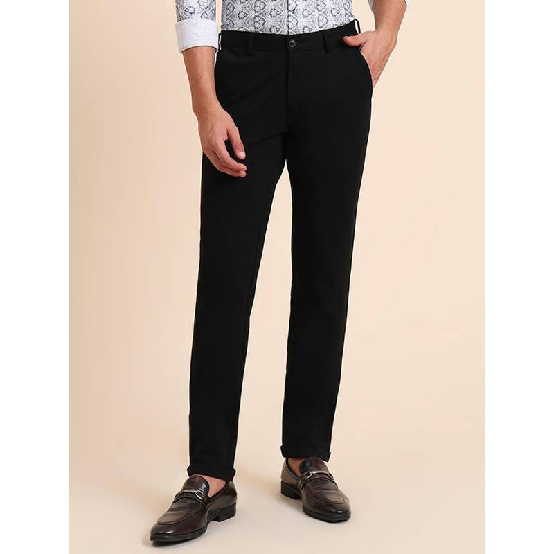 JB Studio Slim Fit Solid Black Terry Rayon Club Wear Trouser (34)