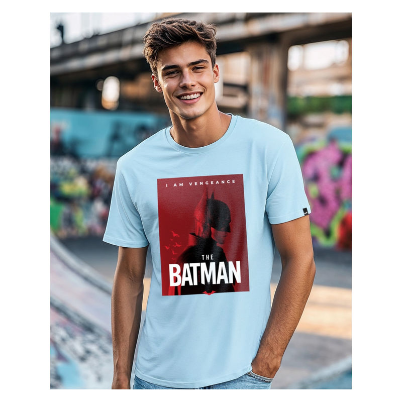 Bewakoof Official DC Men's Sky Blue Batman Poster Graphic Printed T-shirt (S)