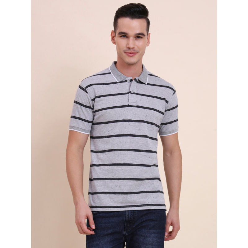 Greenfibre Grey And Black Striped Slim Fit Polo T-shirt (38)