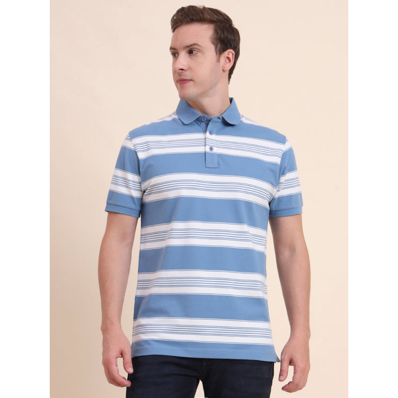 JadeBlue Striped Blue And White Slim Fit Polo T-shirt (38)