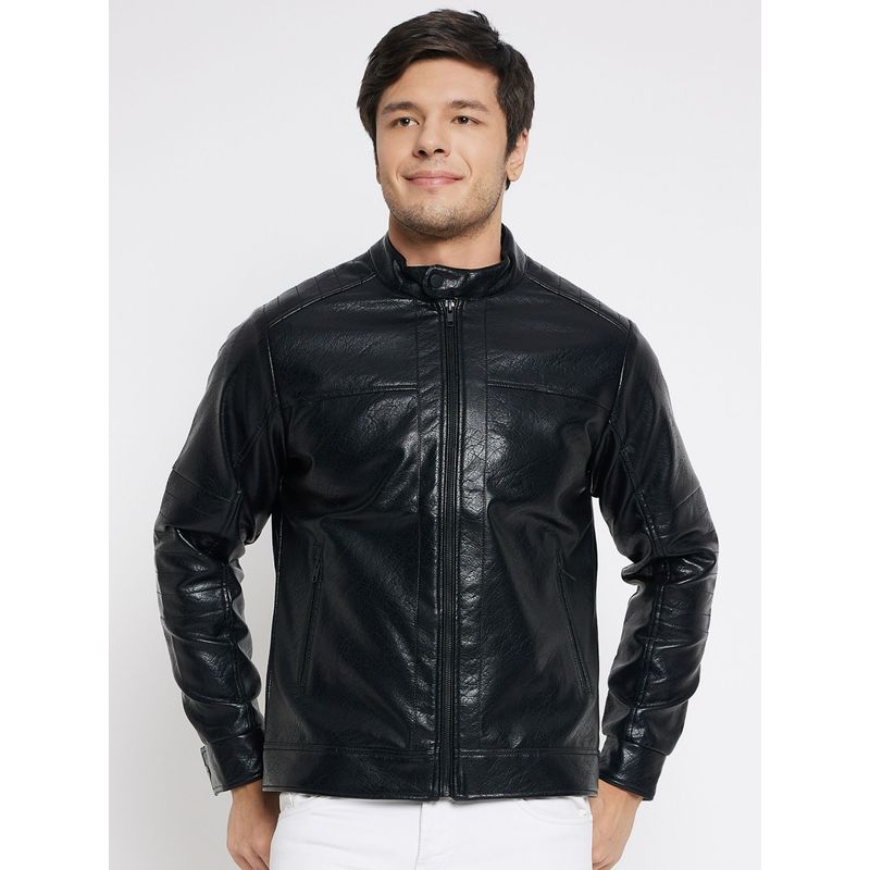 Okane Mens Solid Faux Leather Racer Jacket (L)