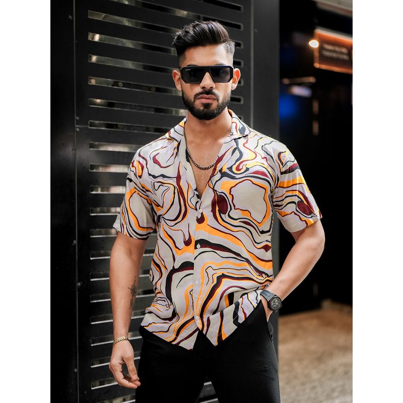 ROYALTAIL Orange and Brown Abstract Print Super Soft Premium Half Sleeve Shirt (S)