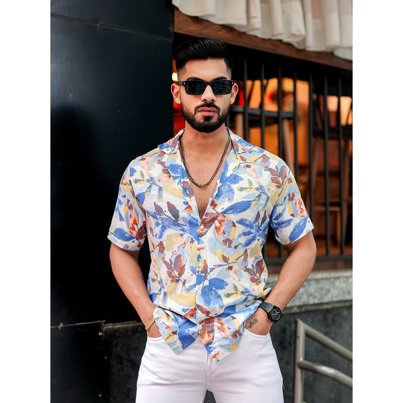 ROYALTAIL Blue Leaf Multicolour Print Super Soft Premium Half Sleeve Shirt (XL)