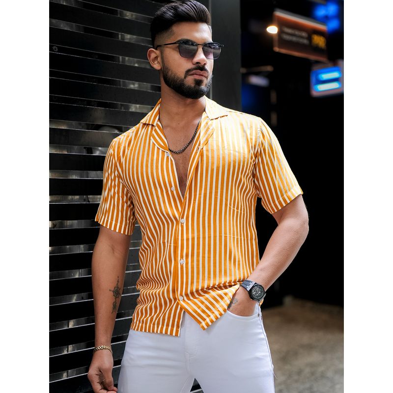 ROYALTAIL Yellow Striped Print Super Soft Premium Half Sleeve Shirt (M)