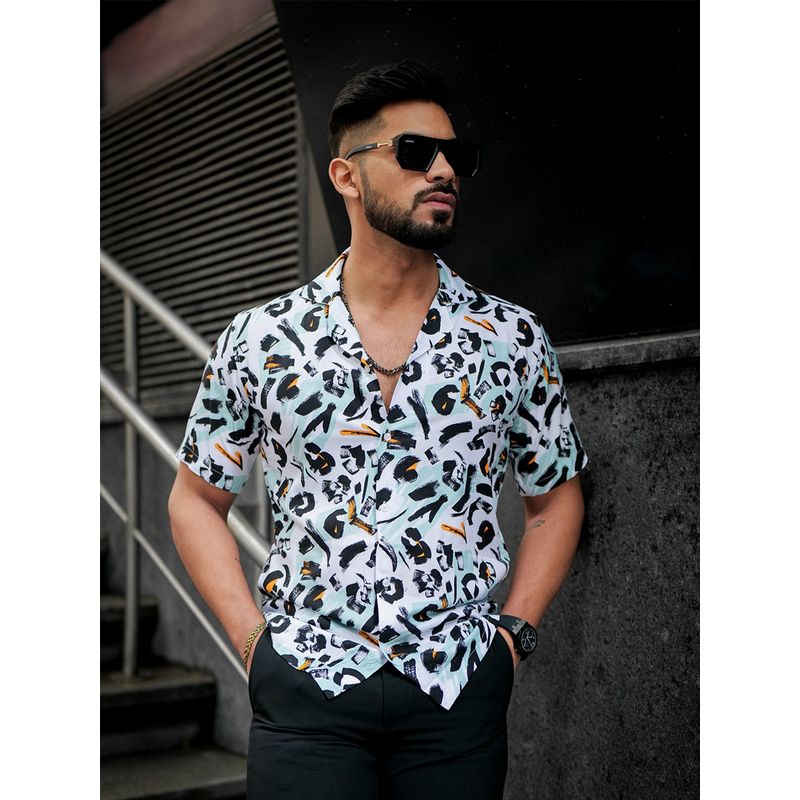 ROYALTAIL White and Black Multicolor Print Super Soft Premium Half Sleeve Shirt (L)