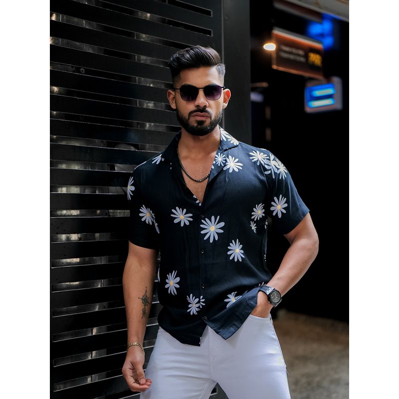 ROYALTAIL Faded Black and Off White Floral Print Super Soft Premium Half Sleeve Shirt (XL)