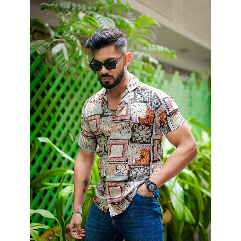 ROYALTAIL Orange and Grey Block Print Super Soft Premium Half Sleeve Shirt (M)