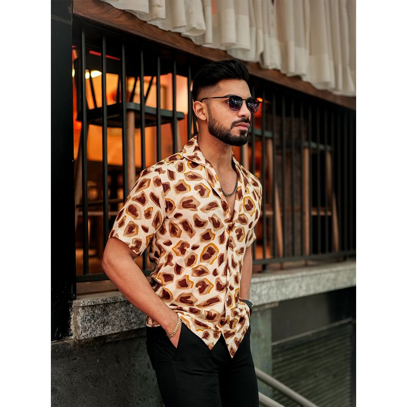 ROYALTAIL Cream and Brown Abstract Print Super Soft Premium Half Sleeve Shirt (M)