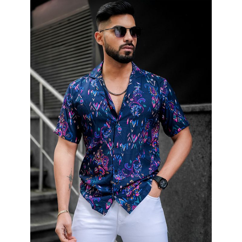 ROYALTAIL Classic Opaque Navy Blue Print Super Soft Premium Half Sleeve Shirt (S)