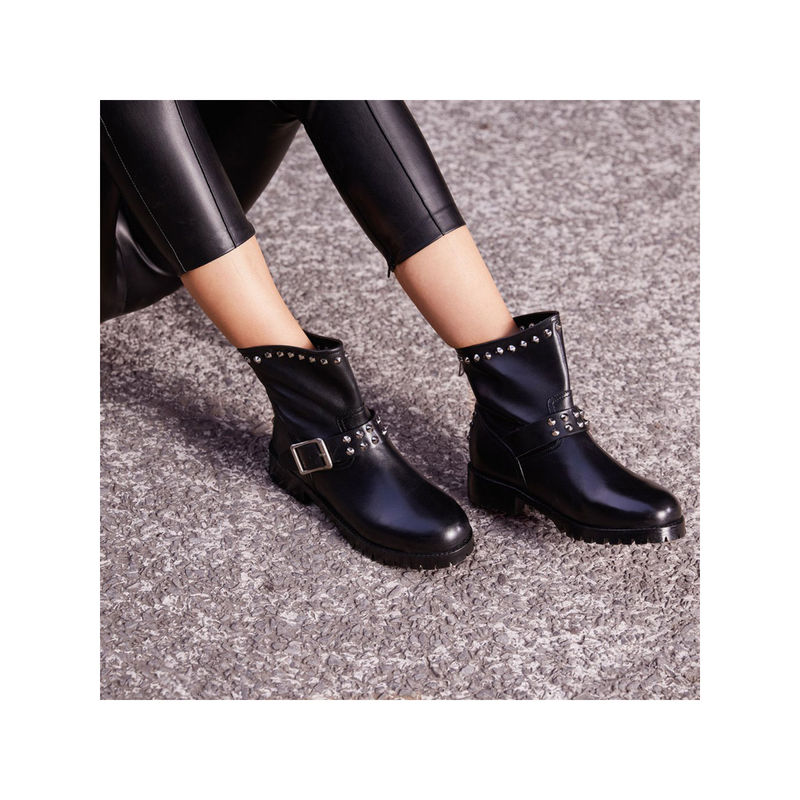 Saint G Womens Metal Studded Black Leather Biker Boots (EURO 36) (EURO 36)