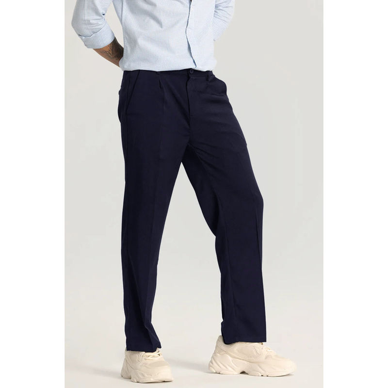 Snitch Men Navy Blue Plain Relaxed Formal Trouser (34)