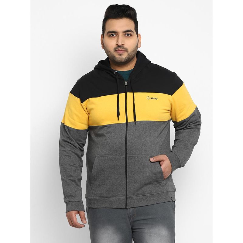 Urbano Plus Mens Black, Yellow, Charcoal Cotton Full Sleeve Zippered Hooded Jacket (XXL)