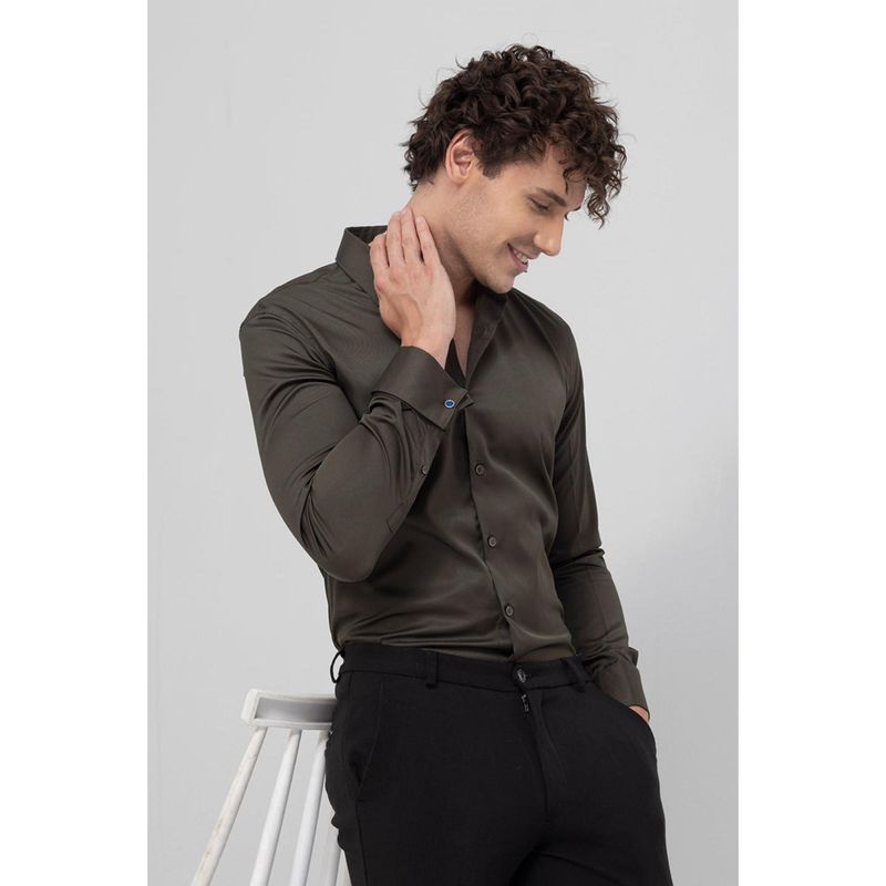Snitch Double Cuff Olive Satin Cotton Shirt (L)