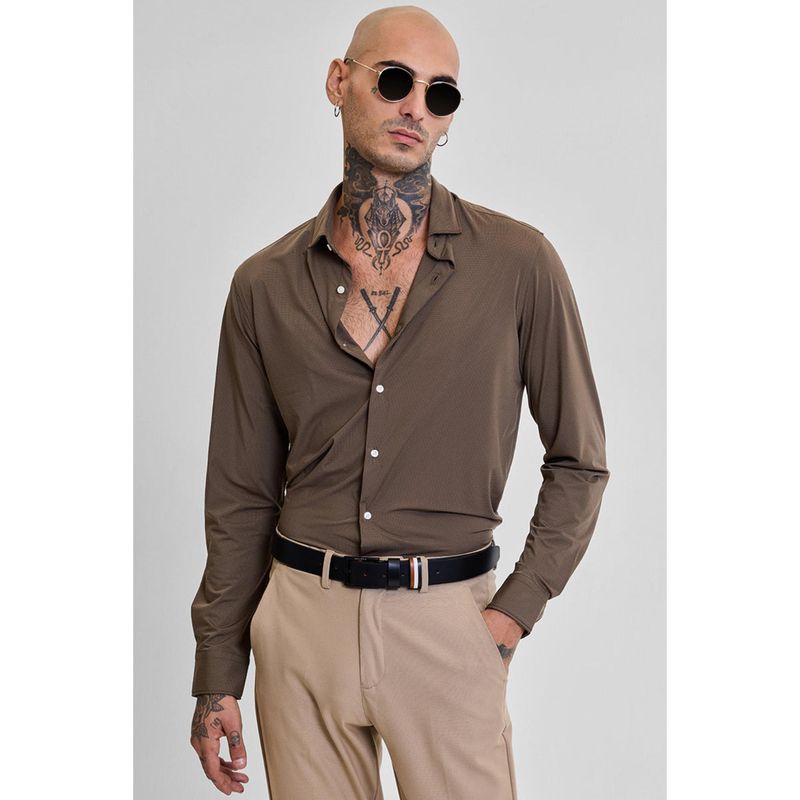 Snitch Brown Self-Design Stretch Shirt (2XL)
