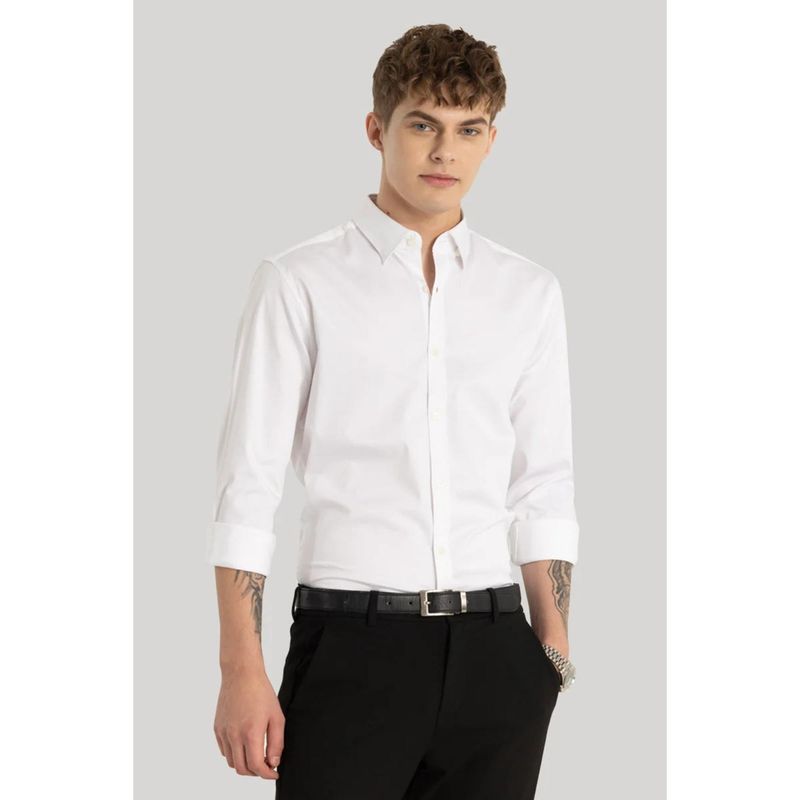 Snitch Satin Stretch White Plain Shirt (M)