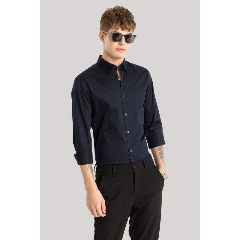 Snitch Satin Stretch Navy Blue Plain Shirt (M)