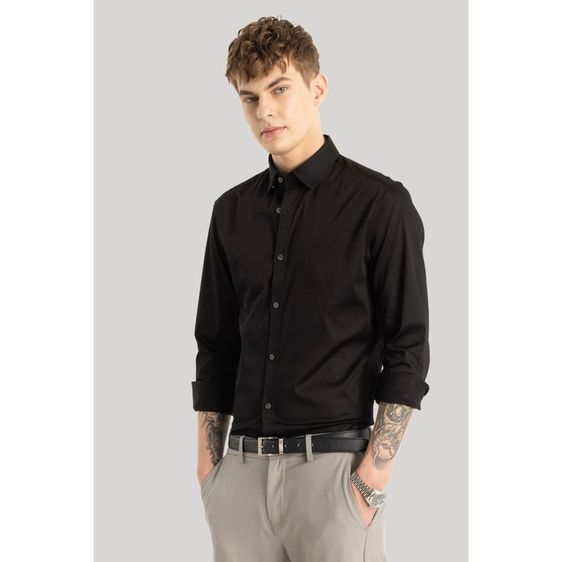 Snitch Satin Stretch Black Plain Shirt (2XL)