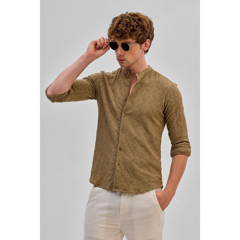 Snitch Light Brown Mandarin Embroidered Shirt (2XL)