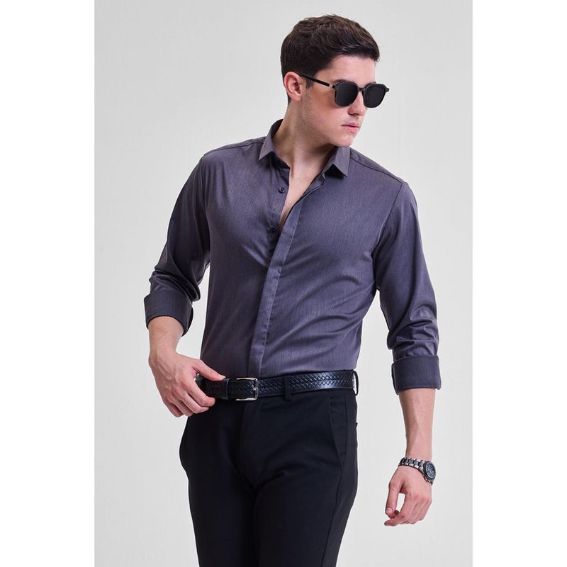 Snitch Dark Grey Solid Concealed Placket Shirt (2XL)