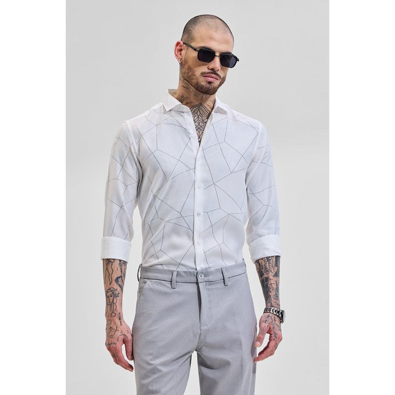 Snitch White Geometric Slim Fit Shirt (2XL)