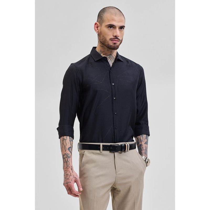Snitch Black Geometric Slim Fit Shirt (L)