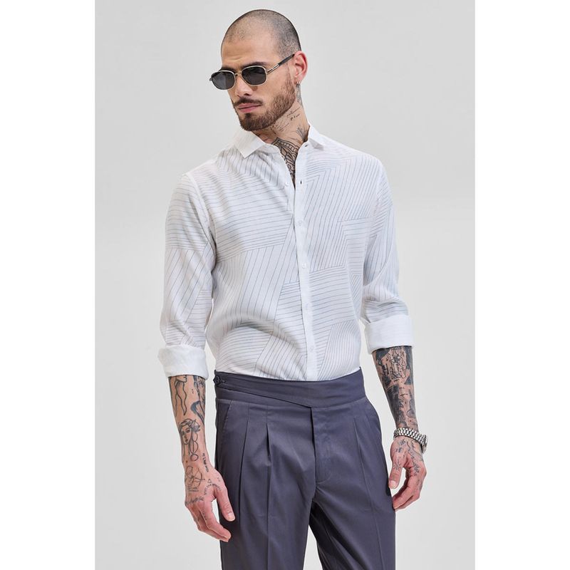 Snitch White Self Design Slim Fit Shirt (M)