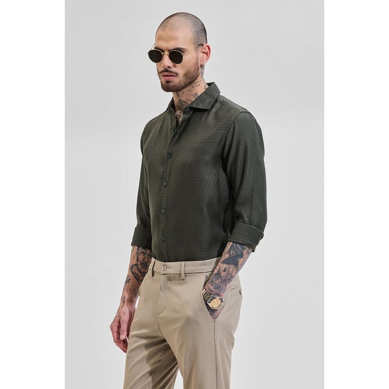 Snitch Olive Self Design Slim Fit Shirt (M)