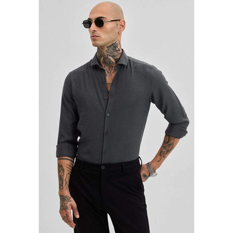 Snitch Charcoal Grey Slim Fit Linen Blend Shirt (2XL)