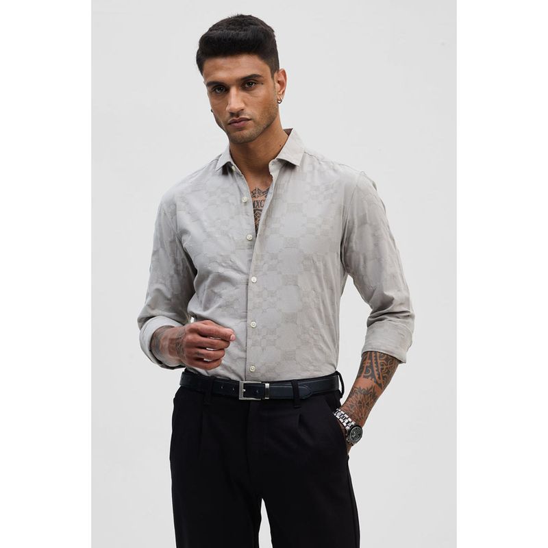 Snitch Light Grey Self-Design Slim Fit Shirt (M)