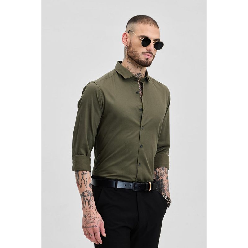 Snitch Olive Self-Design Slim Fit Shirt (2XL)