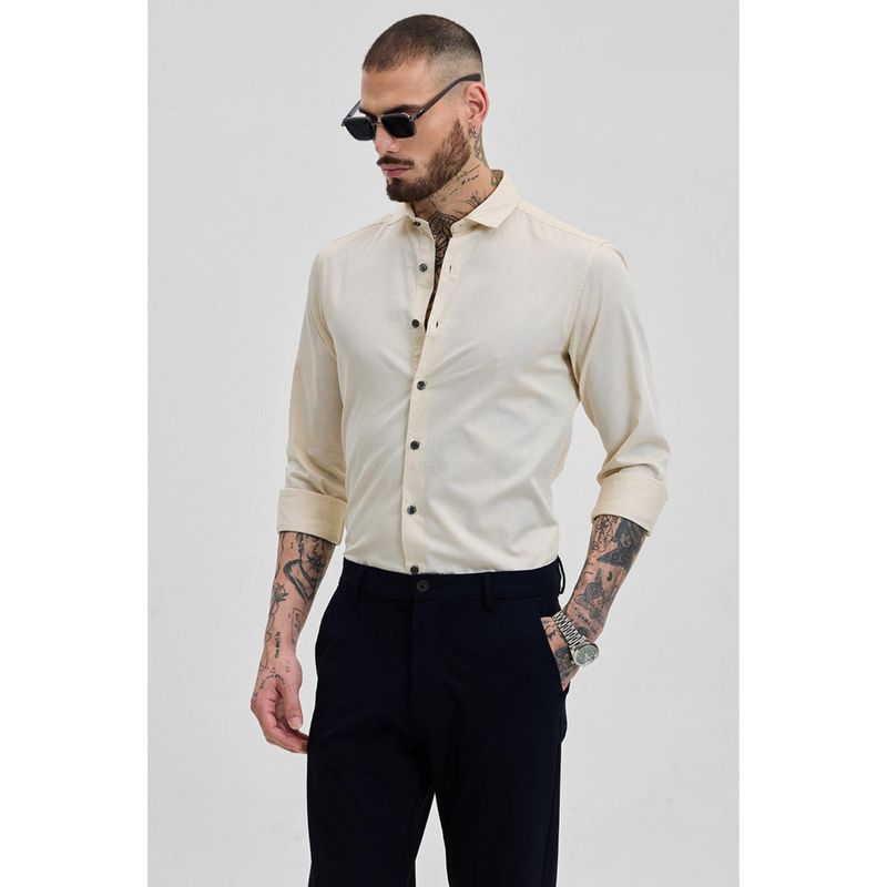Snitch Cream Self-Design Slim Fit Shirt (2XL)