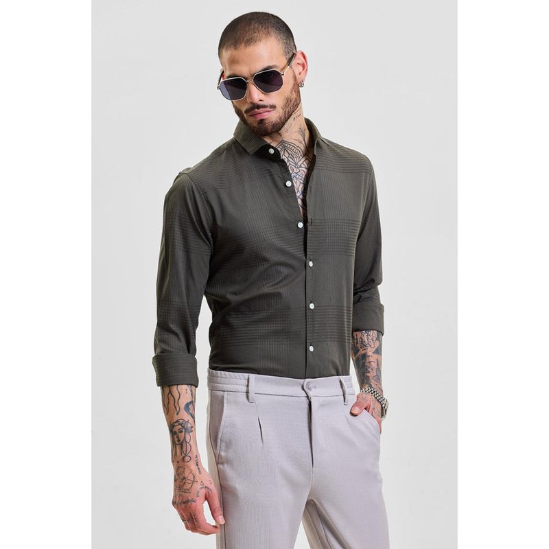 Snitch Olive Self-Design Slim Fit Shirt (XL)
