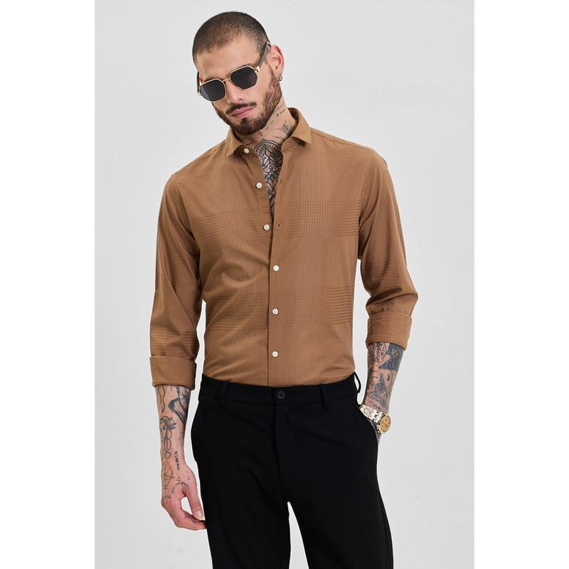 Snitch Brown Self-Design Slim Fit Shirt (2XL)