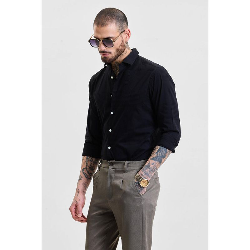 Snitch Black Self-Design Slim Fit Shirt (2XL)
