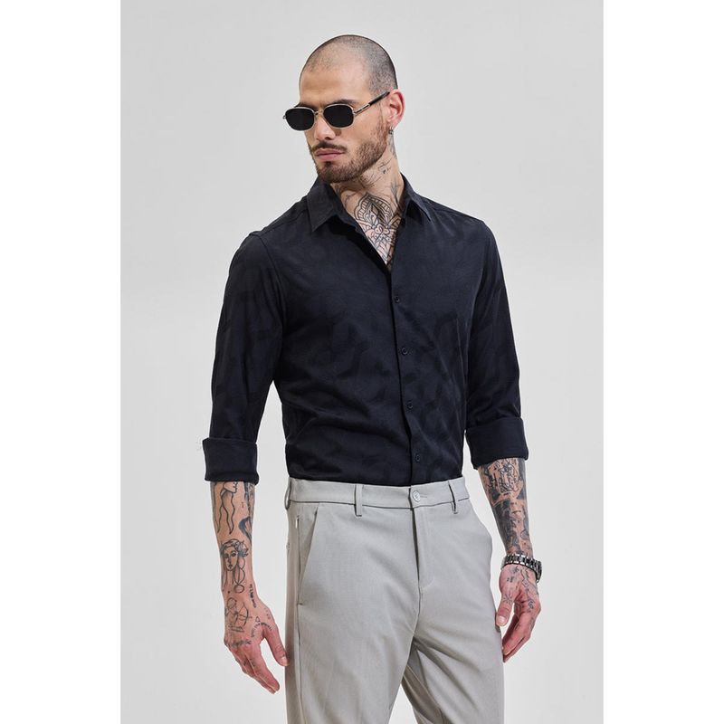 Snitch Black Self-Design Slim Fit Shirt (M)