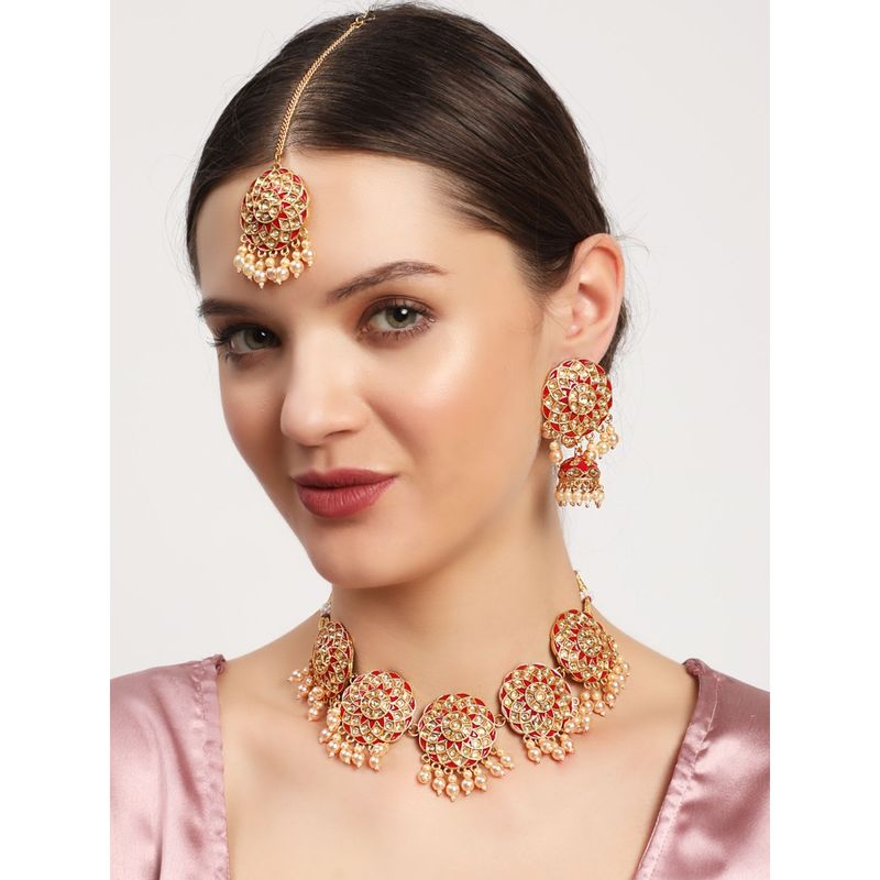 Women Gold Plated Kundan & Pearls Ethnic Choker Necklace Earring Maangtikka & Ring Set Jewellery Set