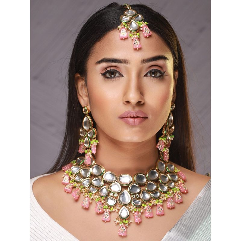 Jazz and Sizzle Women Pink Gold Plated Ornate Pearl Kundan Jewellery 