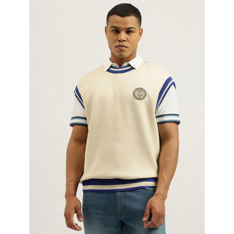 United Colors of Benetton Beige Oversized Fit Crew Neck Textured Structured Sweater (L)