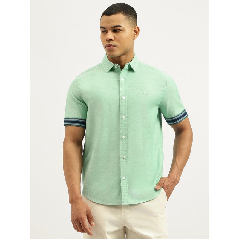United Colors of Benetton Green Relaxed Fit Spread Collar Solid Oxford Tape Detail Shirt (XL)