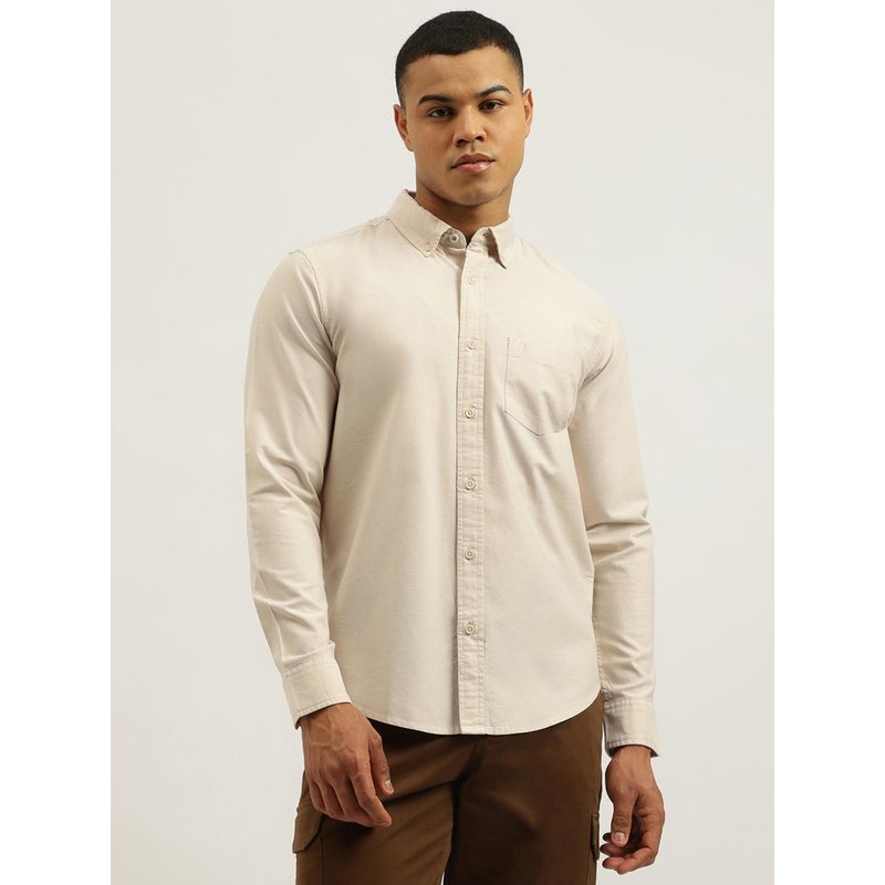 United Colors of Benetton Beige Regular Fit Button Down Solid Oxford Shirt (M)
