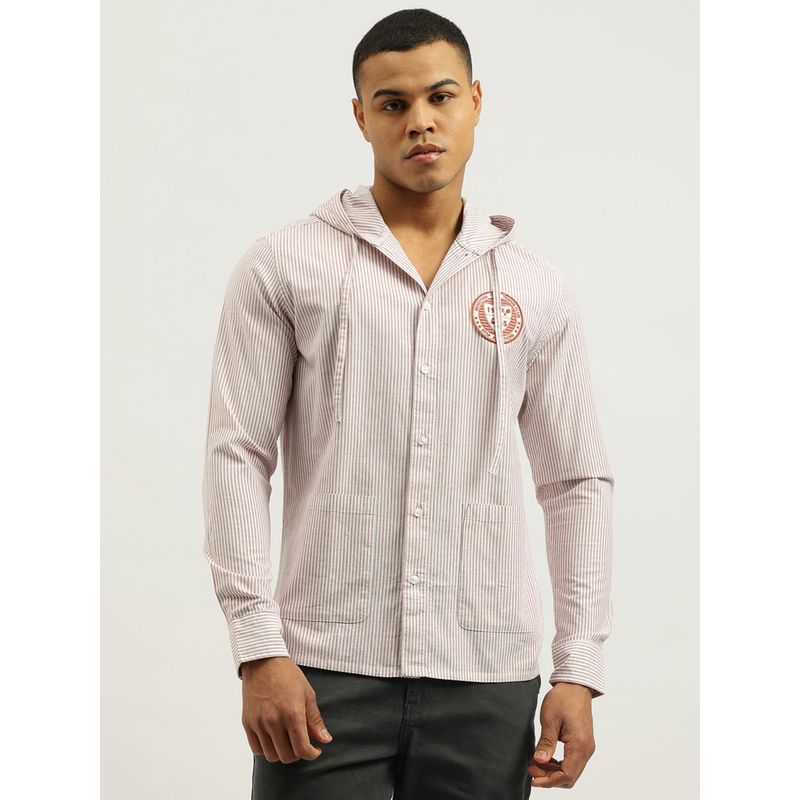 United Colors of Benetton Pink Relaxed Fit Striped Oxford Hooded Shacket (XL)