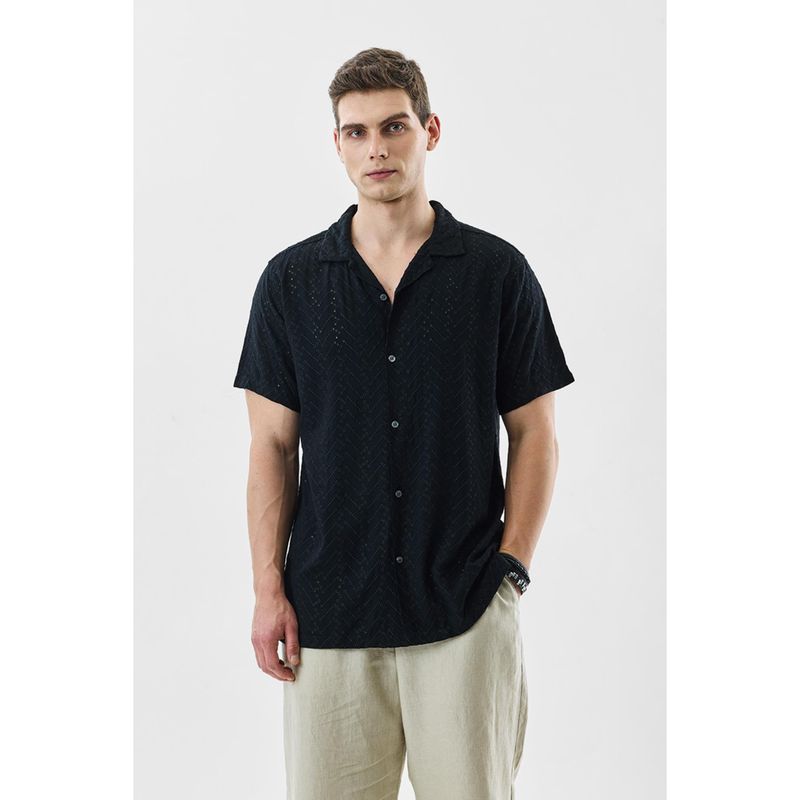 Snitch Black Embroidered Half Sleeves Boxy Casual Shirt (S)