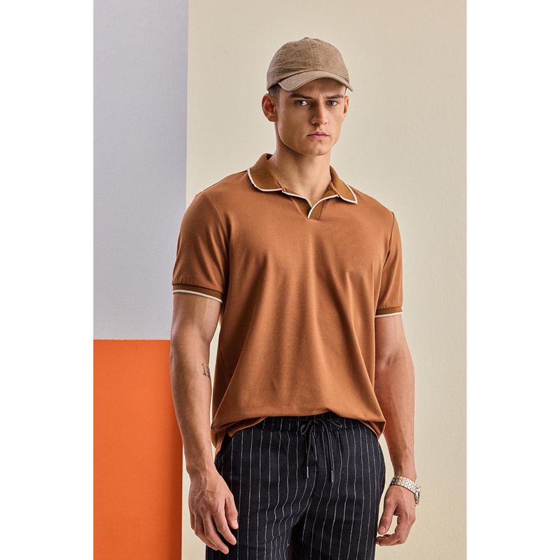 Snitch Rust Terracotta Solid Half Sleeves Regular Polo T-Shirt (XS)