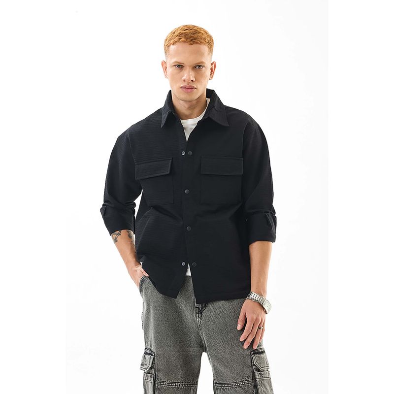 Snitch Black Textured Full Sleeves Relaxed Casual Overshirt for Men (L)
