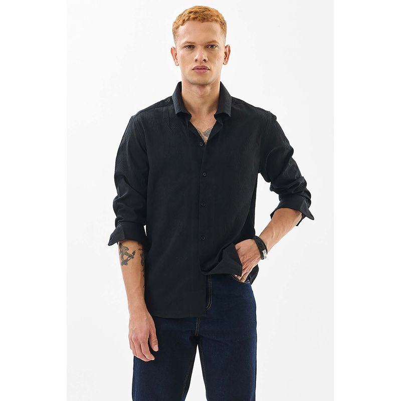 Snitch Black Textured Full Sleeves Slim Casual Shirt for Men (XS)
