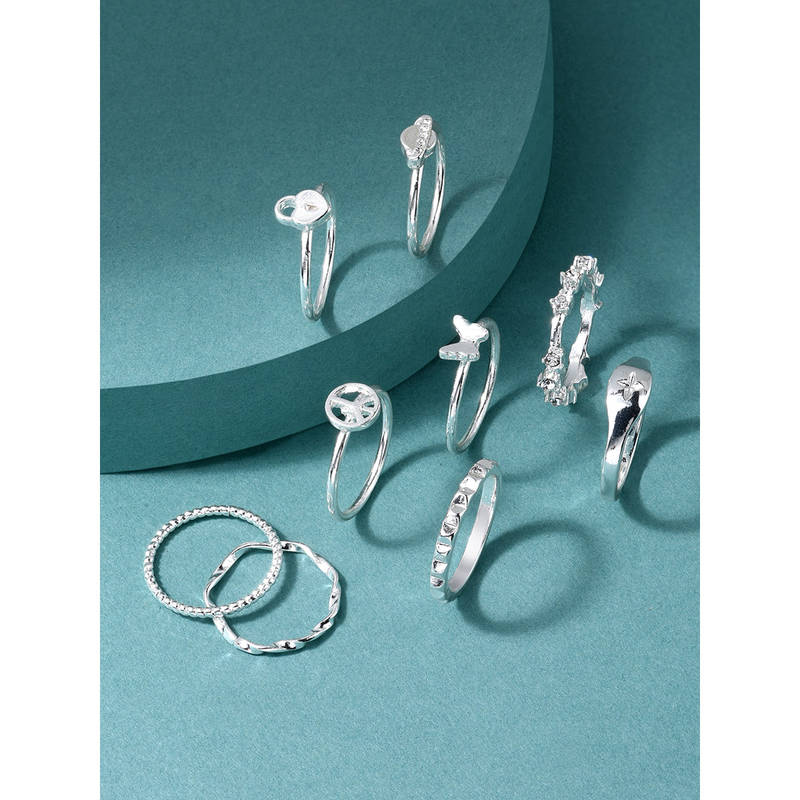 Trendy Rings Set Buy ToniQ Set Of 9 Silver Trendy Ring Set For Women Online