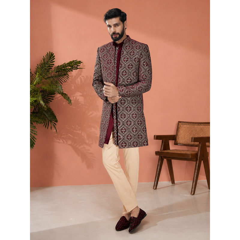 Vastramay Men Maroon Velvet Embroidered Indo-Western Sherwani with Kurta and Pant (S)