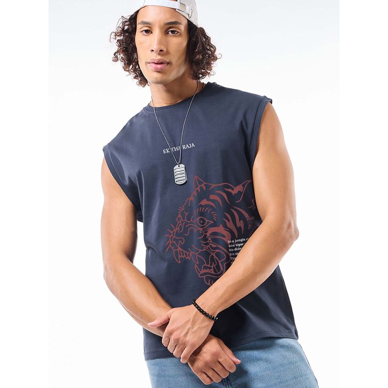Bewakoof Men's Navy Blue Ektha Raja Graphic Printed Boxy Fit Vest (S)