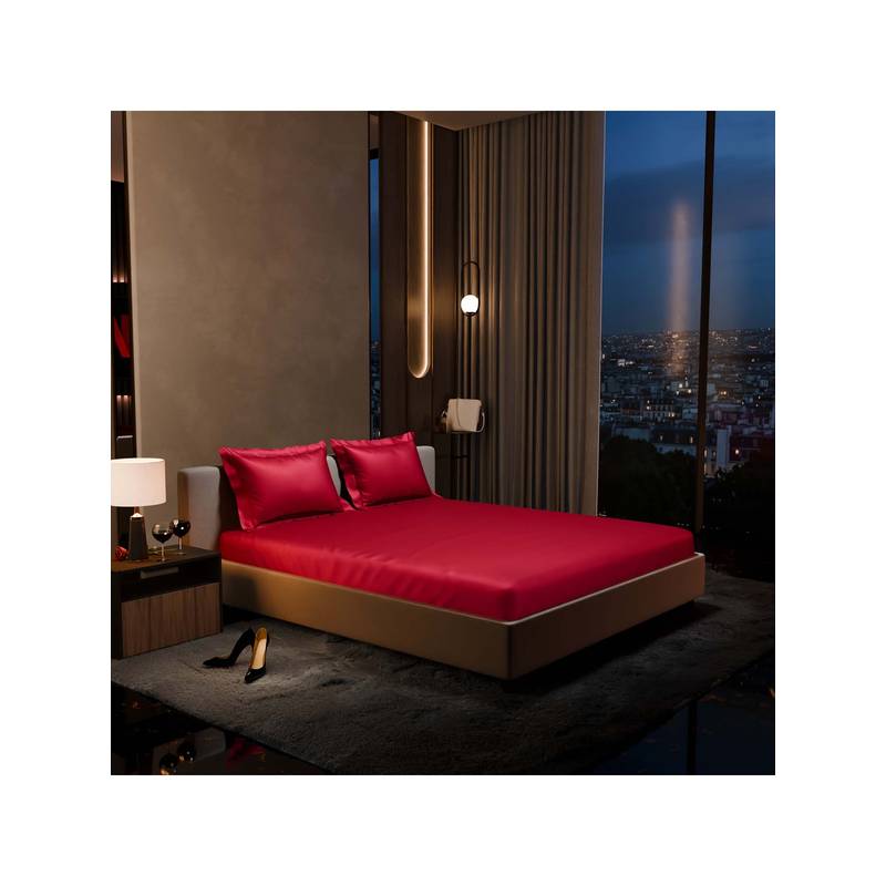 Stoa Paris Red Satin Queen Fitted Sheet with 2 Pillow Covers