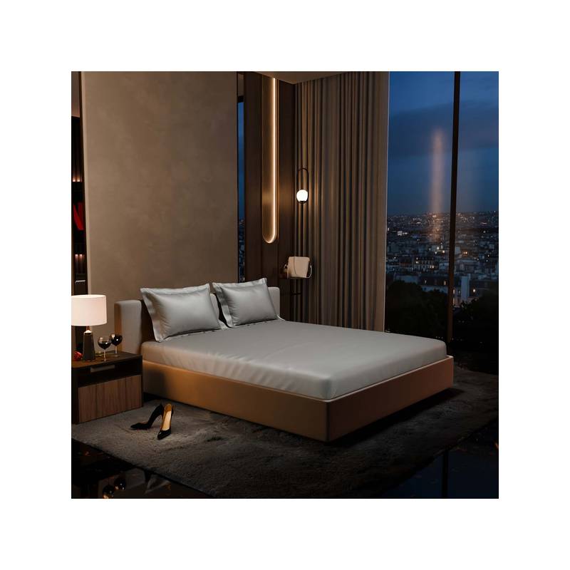Stoa Paris Grey Satin Double Fitted Sheet with 2 Pillow Covers